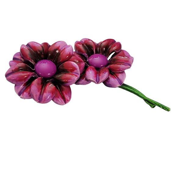 Pink Purple Plastic Daisy Flower Duo, Green Metal Stem Pin Brooch E143 - Picture 3 of 10
